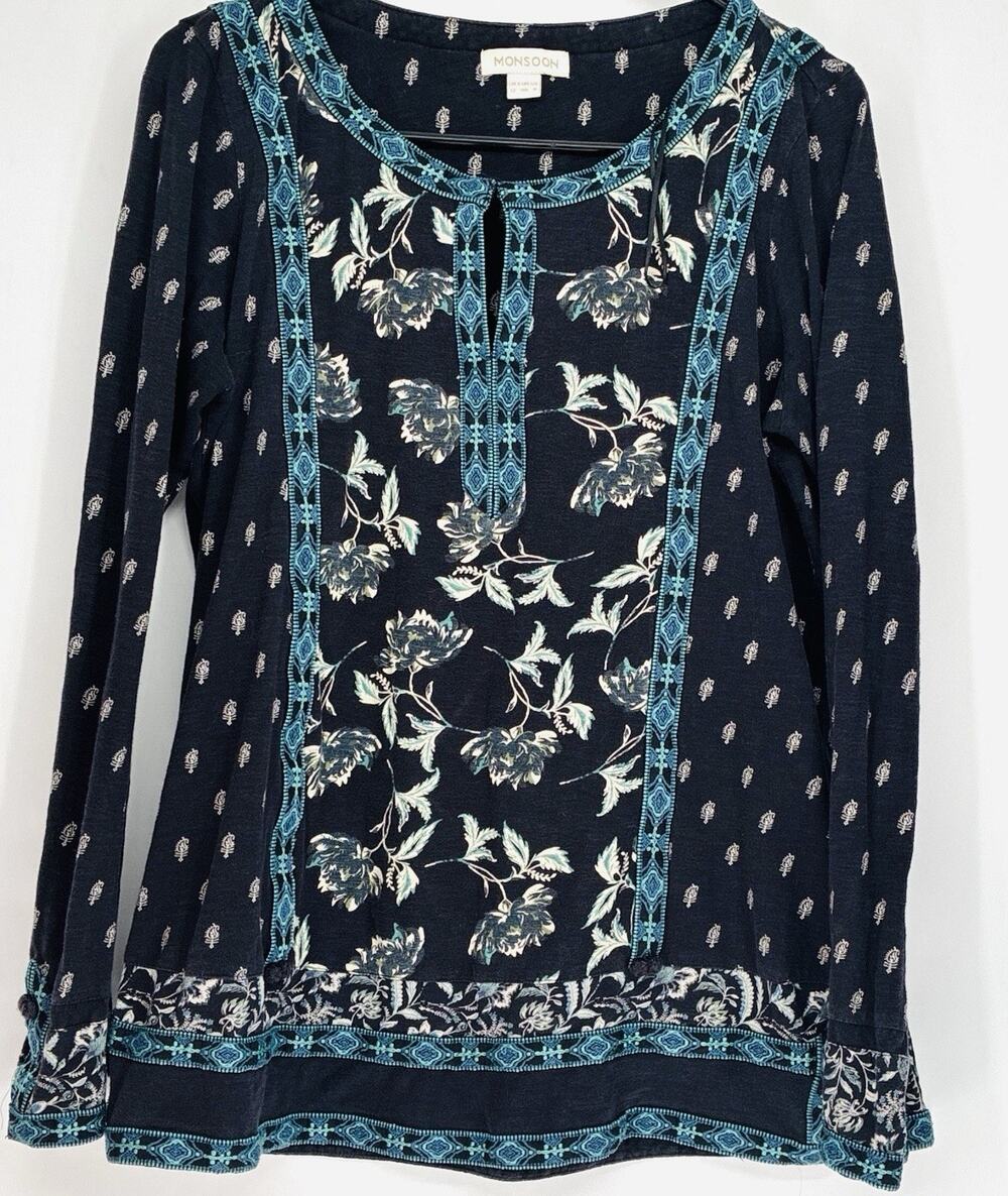 Monsoon Women's Blue Floral LS V Neck Embroidered Boho Blouse Top Size US 8